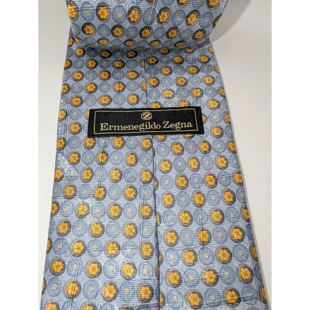 Ermenegildo Zegna Tie Light Blue Gold Dots 100% Silk Made in Italy Classic